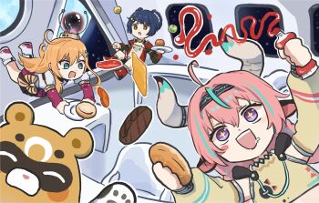 +_+ 3girls animal_ears aqua_eyes aqua_hair blonde_hair blue_hair blush cow_ears cow_girl cow_horns escoffier_(genshin_impact) food genshin_impact guoba_(genshin_impact) highres horns long_hair long_sleeves medium_hair multicolored_hair multiple_girls official_art open_mouth pink_hair purple_eyes varesa_(genshin_impact) xiangling_(genshin_impact) xinzoruo yellow_eyes
