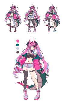 1girl :d absurdres arknights arknights:_endfield belt black_gloves black_horns blue_eyes blue_streaks blush breasts cleavage commentary_request crop_top dragon_girl dragon_horns dragon_tail drill_hair fang full_body gloves grey_shorts highres horns jacket long_sleeves multicolored_gloves multicolored_hair multicolored_horns multiple_views navel off_shoulder open_clothes open_jacket open_mouth pink_belt pink_hair pink_horns pointy_ears shorts simple_background skin_fang smile standing stomach streaked_hair tail thick_tail thigh_strap thighhighs torn_clothes torn_thighhighs tsurime twin_drills two-tone_gloves two-tone_horns white_background yvonne_(arknights) z.m._(zimin)