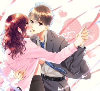 Rule 34 | 1boy, 1girl, blush, breasts, brown eyes, brown hair, commentary request, convenient censoring, diagonal-striped clothes, diagonal-striped necktie, formal clothes, grey suit, hachiya nanao, heart, hetero, holding hands, interlocked fingers, jacket, large breasts, loose necktie, necktie, no bra, no shirt, open clothes, open jacket, open mouth, original, polka dot, striped clothes, suit