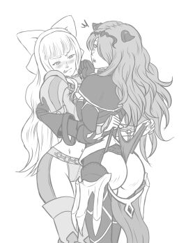 2girls armor ass blush bow camilla_(fire_emblem) charlotte_(fire_emblem) cleft_of_venus fire_emblem fire_emblem_fates hair_bow hair_over_one_eye licking_lips long_hair looking_back monochrome multiple_girls navel nintendo one_eye_covered panties pauldrons reptileye shoulder_armor tiara tongue tongue_out underwear wedgie