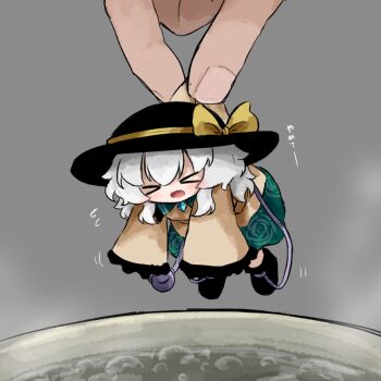 Rule 34 | > <, 1girl, black hat, black shoes, buttons, commentary request, contrast collar, diamond button, full body, green hair, green skirt, hair between eyes, hat, hat ribbon, heripantomorrow, komeiji koishi, long hair, mini person, minigirl, open mouth, ribbon, shirt, shoes, skirt, solo focus, third eye, touhou, translation request, yellow ribbon, yellow shirt