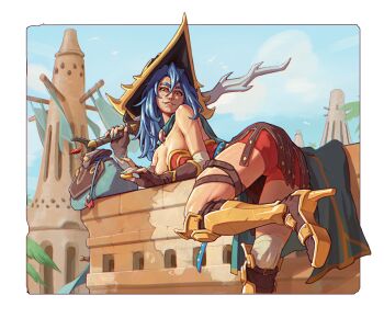 1girl armor armored_boots bandaged_arm bandaged_leg bandages belt bird blue_belt blue_hair blue_sky boots breasts brick brown_skirt cape coin commentary commission dang_(runescape) duellist&#039;s_cap_(tier_6) english_commentary fingerless_gloves full_body gloves gold_coin gold_trim green_cape green_nails hat highres holding holding_coin holding_sword holding_weapon leotard long_hair looking_at_viewer medium_breasts old_school_runescape orange_eyes original palm_tree poleyn pouch red_leotard runescape seagull second-party_source skirt sky smile solo sword thick_eyebrows tower tree voland weapon yellow_eyes