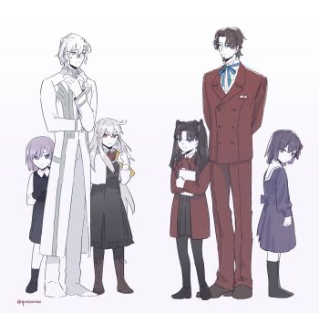 4girls aged_down arms_behind_back beard black_dress black_hair black_pantyhose blue_eyes commentary_request dress facial_hair fate/grand_order fate/zero fate_(series) father_and_daughter grey_hair hair_ribbon highres korean_commentary long_sleeves looking_at_another marisbury_animusphere mash_kyrielight matou_sakura matou_sakura_(fate/zero) multiple_girls olga_marie_animusphere pants pantyhose plm233 purple_eyes purple_hair red_pants red_ribbon ribbon short_hair siblings simple_background sisters sleeveless sleeveless_dress tohsaka_rin tohsaka_rin_(fate/zero) tohsaka_tokiomi trait_connection twitter_username two_side_up white_background yellow_eyes