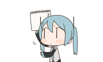 Rule 34 | 1girl, aqua hair, arm up, bad id, bad tumblr id, calendar (object), chibi, chibi only, closed mouth, detached sleeves, hatsune miku, holding, long sleeves, looking to the side, motion lines, necktie, no nose, simple background, sleeves past wrists, solo, torla16, twintails, upper body, vocaloid, white background, | |