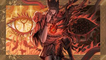 1boy armor black_snake border bracelet bug butterfly chainmail colored_eyelashes colored_skin commentary cowboy_shot elden_ring elden_ring:_shadow_of_the_erdtree english_commentary fingernails fire grey_skin highres holding holding_polearm holding_weapon insect jewelry medium_hair messmer_the_impaler ornate_armor ornate_border ornate_weapon polearm rashuu red_hair red_robe red_shawl red_snake robe runes scale_armor sharp_fingernails shawl signature single_bracelet single_vambrace sleeveless_tunic snake snake_on_shoulder solo spear vambraces weapon