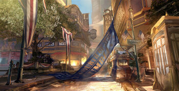 american_flag banner ben_lo bioshock bioshock_(series) bioshock_infinite blurry broken building bus cityscape cobblestone depth_of_field english_text fire_hydrant flag highres lamppost motor_vehicle no_humans outdoors painterly perspective phone_booth road road_sign scenery sign street tree window