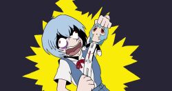 1girl animated ayanami_rei blue_hair blue_skirt character_doll chimeraenvy crazy_eyes doll hair_between_eyes meme neon_genesis_evangelion rei_chikita school_uniform sharp_teeth shirt short_hair simple_background skirt solo suspender_skirt suspenders tagme teeth tokyo-3_middle_school_uniform video white_shirt