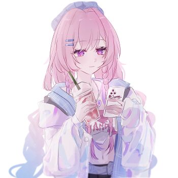 1girl aqua_hair blue_hat breasts bubble_tea cellphone clothes_writing crop_top cup cyrene_(honkai:_star_rail) cyrene_(nylon_japan)_(honkai:_star_rail) cyrene_(ripples_of_past_reverie)_(honkai:_star_rail) diamond-shaped_pupils diamond_(shape) disposable_cup drinking_straw hat highres holding holding_cup holding_phone honkai:_star_rail honkai_(series) iooqq jacket long_hair looking_at_phone medium_breasts midriff multicolored_hair navel official_alternate_costume phone pink_hair purple_eyes smartphone solo symbol-shaped_pupils twitter_username two-tone_hair very_long_hair white_jacket