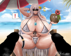 Rule 34 | !, 1girl, 2boys, beach, bikini, blurry, blurry foreground, breasts, cameltoe, covered eyes, dungeon fighter online, female pubic hair, flower, gigantic breasts, hair flower, hair ornament, holding, imminent penetration, jewelry, micro bikini, multiple boys, necklace, ocean, penis, pubic hair, shiny skin, sitting, spread legs, swimsuit, thick thighs, thighs, umbrella, water, white bikini, yellow flower, yeoljoo