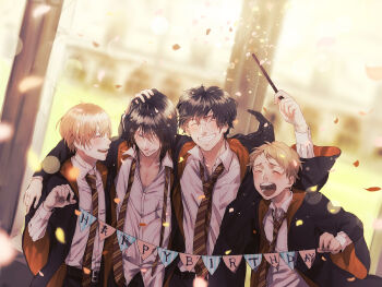 4boys black_hair black_robe blonde_hair brown_hair closed_eyes collar english_text facial_scar glasses gryffindor hand_on_another's_head happy_birthday harry_potter_(series) height_difference hogwarts_school_uniform holding holding_wand james_potter kurosujuu long_sleeves male_focus multiple_boys multiple_scars necktie one_eye_closed open_mouth parted_lips pectoral_cleavage pectorals peter_pettigrew remus_lupin robe scar scar_on_cheek scar_on_face scar_on_nose school_uniform shirt sirius_black striped_necktie teeth tongue undone_necktie upper_teeth_only wand white_shirt wing_collar wizarding_world