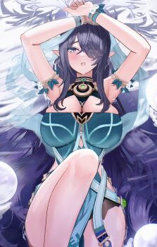 1girl antlers ayul_(ayulneri_92) blush breasts cleavage dress genshin_impact hair_over_one_eye highres horns large_breasts lauma_(genshin_impact) long_hair looking_at_viewer open_mouth pointy_ears solo