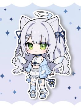 Rule 34 | 1girl, animal ears, arms at sides, asymmetrical legwear, bandaged leg, bandages, bandaid, bandaid on leg, bell, blue hoodie, blue leg warmers, blue shoes, breasts, cat ears, cat girl, cat tail, chibi, chibi only, closed mouth, commission, crop top, dhumi, full body, gradient background, green eyes, grey hair, grey tail, halo, halterneck, highres, hood, hood down, hoodie, indie virtual youtuber, leg warmers, letterboxed, light blush, light smile, long hair, looking ahead, maten matyu, melting halo, midriff, mini wings, mismatched legwear, neck bell, no nose, off shoulder, open clothes, open hands, open hoodie, outline, pale skin, puffy shorts, second-party source, shirt, shoes, shorts, small breasts, sneakers, solo, sparkle background, standing, tail, tail bell, tail ornament, very long hair, wavy hair, white leg warmers, white outline, white shirt, white shorts, winged shoes, wings