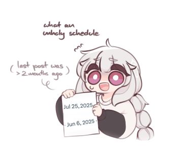 1girl :d artist_self-insert braid chonkyorca commentary cropped_torso english_text fangs flying_sweatdrops grey_hair highres holding long_hair long_sleeves looking_at_viewer low_twintails nervous_smile open_mouth orca_(chonkyorca) original puffy_long_sleeves puffy_sleeves purple_eyes shirt simple_background sleeves_past_wrists small_sweatdrop smile solo sweat symbol-only_commentary thick_eyebrows twin_braids twintails upper_body very_long_hair white_background white_shirt