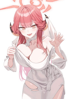 1girl :d @_@ absurdres aru_(blue_archive) blue_archive breasts cleavage collarbone demon_horns dress ghost_costume ghost_pose halo highres horns large_breasts looking_at_viewer open_mouth pink_hair pink_halo sgholln smile solo torn_clothes torn_dress v-shaped_eyebrows white_dress