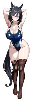 1girl animal_ears armpits arms_behind_head arms_up black_hair black_one-piece_swimsuit black_tail black_thighhighs blue_eyes blush breasts closed_mouth commentary_request commission competition_swimsuit covered_navel ear_ornament eishin_flash_(umamusume) full_body hair_between_eyes hair_intakes haiwo highleg highleg_one-piece_swimsuit highres horse_ears horse_girl horse_tail large_breasts looking_at_viewer one-piece_swimsuit pixiv_commission short_hair simple_background skindentation smile solo standing swimsuit tail thighhighs thighs umamusume white_background
