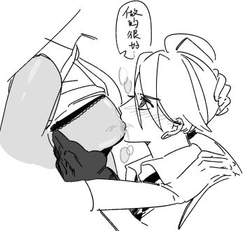 2girls blush breast_sucking clothes_lift commentary dark-skinned_female dark_skin geeta_(pokemon) gloves grabbing_another&#039;s_breast greyscale groping hand_on_another&#039;s_head highres monochrome multiple_girls nanaasuzy nintendo pokemon pokemon_sv rika_(pokemon) saliva shirt_lift yuri