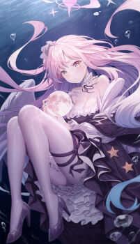 1girl absurdres air_bubble angel_wings bare_shoulders black_dress black_ribbon blue_archive blush breasts bubble choker cleavage collarbone commentary dress feathered_wings fingernails flower gradient_hair hair_bun hair_flower hair_ornament hair_ribbon halo high_heels highres knees_up layered_dress leg_ribbon long_hair looking_at_viewer low_wings mika_(blue_archive) moon multicolored_hair nail_polish neck_ribbon pantyhose pink_hair pink_halo pink_nails purple_flower purple_shoes ribbon roi_(liu_tian) shoes single_side_bun solo star_(symbol) thigh_ribbon thighs underwater water white_choker white_pantyhose white_ribbon white_wings wings yellow_eyes