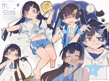 1girl ? ^_^ alternate_costume ascot backpack bag bird blue_ascot blue_bag blue_eyes blue_hair blue_overalls blue_scrunchie blue_shorts blush cat_symbol cellphone cevio chips_(food) closed_eyes clothes_writing collared_dress collared_shirt colored_inner_hair crime_prevention_buzzer dated dress floating_hair flower flower_hairclip food futaba_kominato futaba_minato hair_flower hair_ornament hairclip hashtag-only_commentary highres hood hoodie jitome leaf_hair_ornament long_hair loungewear lying midriff multicolored_hair multiple_persona multiple_views navel nimingduz on_back open_mouth overalls pawpads phone ponytail potato_chips puff_of_air scrunchie shaded_face shirt shorts sleeveless sleeveless_dress smartphone smile speech_bubble sweatdrop tongue tongue_out twintails v-shaped_eyebrows white_dress white_hoodie white_shirt wrist_scrunchie