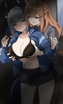 2girls absurdres animal_ears arknights black_bra black_pantyhose blue_jacket blush bra braid breasts brown_eyes brown_hair cleavage closed_mouth commentary dragon_horns dragon_tail english_commentary fox_ears fox_girl fox_tail franka_(arknights) grabbing_another&#039;s_breast grabbing_from_behind grey_hair grey_shirt grey_skirt groping half_up_braid highres horns indoors jacket large_breasts liskarm_(arknights) multiple_girls open_clothes open_jacket pantyhose parted_lips pink_eyes pleated_skirt shirt skirt smile tail underwear witchrosemary yuri