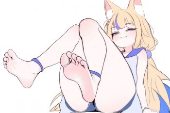 Rule 34 | 1girl, :3, animal ear fluff, animal ears, barefoot, blonde hair, blue eyes, blue shorts, blue streaks, cat ears, closed mouth, esmile, feet, feet up, foot focus, highres, indie virtual youtuber, knees up, long hair, looking at viewer, sameko saba, shorts, simple background, soles, solo, toes, virtual youtuber, white background