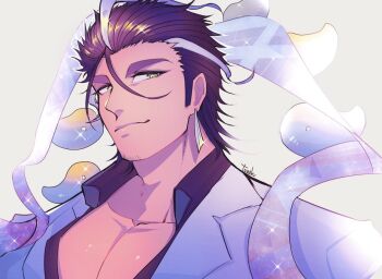 Rule 34 | 1boy, bara, facial hair, goatee, hair slicked back, large pectorals, long sideburns, magatama, male focus, medium hair, multicolored hair, muscular, muscular male, partially unbuttoned, pectoral cleavage, pectorals, short hair, sideburns, smile, solo, sparkle, streaked hair, stubble, tokyo houkago summoners, touoh, tsukuyomi (housamo), white hair