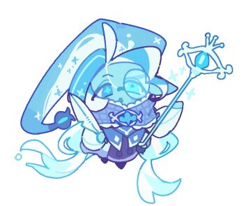 Rule 34 | 1boy, blue eyes, blue hair, blue robe, blue scarf, blue theme, chibi, chis74, cookie run, cookie run: kingdom, full body, holding, holding staff, long sleeves, monocle, multicolored hair, open mouth, puffy long sleeves, puffy sleeves, robe, scarf, shadow milk cookie, simple background, solo, staff, streaked hair, white background, white hair, white sleeves