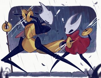 2girls arthropod_girl artist_name black_skin chakram cloak colored_skin commentary english_commentary hollow_eyes hollow_knight hollow_knight:_silksong horned_mask hornet_(hollow_knight) mask momoiiroo multiple_girls rain red_cloak shakra_(hollow_knight) tail weapon white_mask