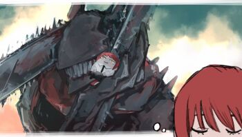 1girl 1other black_necktie blood bloody_weapon chainsaw chainsaw_devil chainsaw_man closed_eyes cloud collared_shirt hugging_doll gradient_background highres imagining makima_(chainsaw_man) medium_hair nakano_(2_mannaka) necktie hugging_object ringed_eyes sharp_teeth shirt sidelocks smile spikes stuffed_toy teeth weapon white_shirt yellow_eyes