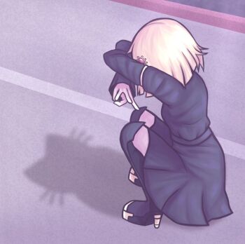 1girl black_dress blonde_hair bob_cut boots cat_shadow_puppet_(meme) crouching dress female_focus full_body high_heel_boots high_heels knee_boots oosuzuki_kurara shadow simple_background solo solo_focus the_hundred_line_-last_defense_academy- v