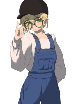Rule 34 | 1girl, alternate costume, alternate hairstyle, baseball cap, bespectacled, black-framed eyewear, black hat, blonde hair, blue overalls, blush, candy, cdefsorab, closed mouth, collarbone, commentary request, cowboy shot, eyelashes, eyes visible through hair, food, glasses, green eyes, hair between eyes, hand on own hip, hand up, hat, highres, holding, holding candy, holding food, holding lollipop, kariya wakana, lollipop, long sleeves, looking at viewer, low ponytail, medium hair, overalls, pinky out, ponytail, puffy long sleeves, puffy sleeves, round eyewear, sanoba witch, shirt, short ponytail, simple background, smile, solo, split mouth, white background, white shirt
