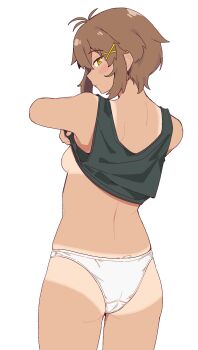1girl absurdres ass black_tank_top blush breasts brown_eyes brown_hair closed_mouth clothes_lift cowboy_shot expressionless from_behind fukana_miyu_(kokuya28) hair_ornament highres kokuya_(kokuya28) looking_at_viewer looking_back original panties shirt_lift short_hair simple_background small_breasts solo tan tank_top tanline underwear white_background white_panties x_hair_ornament