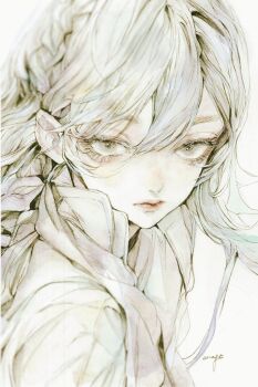 1girl 7na5go blurry braid close-up expressionless from_side greyscale hair_between_eyes high_collar lineart lips monochrome original portrait side_braid solo traditional_media white_hair