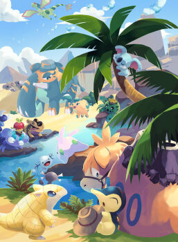 absurdres apple applin bridle cacnea camerupt cloud copperajah cowboy_hat cufant cyndaquil day flygon flying food fruit gen_1_pokemon gen_2_pokemon gen_3_pokemon gen_4_pokemon gen_5_pokemon gen_6_pokemon gen_7_pokemon gen_8_pokemon gimmighoul gimmighoul_(roaming) goomy grass hat highres hippowdon hippowdon_(male) klawf komala nintendo no_humans outdoors paldean_wooper palm_tree pokemon pokemon_(creature) pokemon_focus rock sandile sandshrew sitting skorupi sky sleeping standing swablu toneko tree water wooper