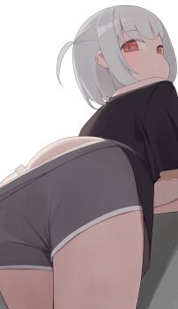 1girl ass black_shirt black_shorts butt_crack closed_mouth from_behind grey_hair grey_shorts highres hiroki_(yyqw7151) looking_at_another looking_at_viewer one_side_up original red_eyes shirt short_hair shorts solo t-shirt