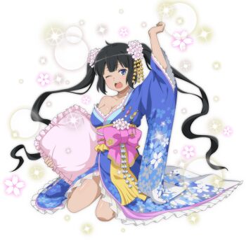 Rule 34 | 1girl, anime coloring, arm up, black hair, blue eyes, blue kimono, blunt bangs, breasts, cleavage, danmachi memoria freese, dungeon ni deai wo motomeru no wa machigatteiru darou ka, floral print, floral print kimono, flower, full body, game cg, hair flower, hair ornament, hestia (danmachi), holding, holding pillow, japanese clothes, kimono, long hair, looking at viewer, medium breasts, obi bow, official alternate costume, official art, one eye closed, open mouth, pillow, pink flower, pink pillow, pink sash, print kimono, sash, sidelocks, single bare shoulder, single off shoulder, sitting, sleepy, solo, tearing up, third-party source, twintails, wide sleeves, yawning