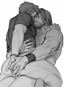 2boys anal anal_fluid arm_hair ass bara beard chest_hair closed_eyes clothed_male_nude_male clothes_pull commentary couple facial_hair greyscale guardians_of_the_galaxy hand_on_another's_ass hand_on_own_ass highres leg_hair limach-an long_hair looking_at_another male_focus marvel mature_male monochrome multiple_boys muscular muscular_male nude parted_lips penis peter_quill sex shirt_pull short_hair symbol-only_commentary testicles thor_(marvel) thor_(marvel)_(series) wristband yaoi