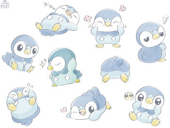 Rule 34 | > <, chewing, commentary request, crossed arms, drooling, full body, gen 4 pokemon, lying, mochimaro (infj oekaki), mouth drool, nintendo, no humans, on back, open mouth, piplup, pokemon, pokemon (creature), simple background, sparkle, squiggle, tearing up, white background, zzz