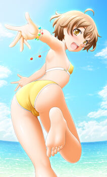 10s 1girl ahoge armpits ass barefoot bikini blush bracelet brown_eyes brown_hair cameltoe cloud day fam_fan_fan feet female_focus fisheye from_behind jewelry last_exile last_exile:_gin&#039;yoku_no_fam looking_at_viewer looking_back ocean open_mouth outstretched_arms shiny_skin short_hair sin-go sky smile soles solo spread_arms swimsuit toes trefoil waves yellow_bikini