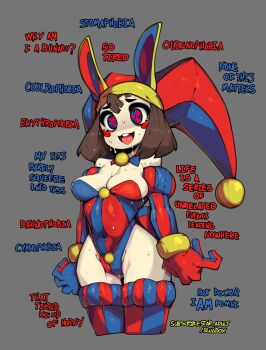 1girl absurdres animal_ears artist_name blue_gloves blue_leotard breasts brown_hair character_name cleavage commentary covered_navel cowboy_shot cropped_legs english_commentary english_text fake_animal_ears gloves hat highleg highleg_leotard highres jester_cap leotard medium_breasts medium_hair open_mouth pagliaccio pomni_(the_amazing_digital_circus) rabbit_ears red_eyes red_gloves red_leotard simple_background slugbox solo subscribestar_username sweat tearing_up the_amazing_digital_circus thighhighs watermark web_address
