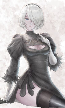 1girl 2b_(nier:automata) absurdres arm_support black_boots black_dress black_gloves black_hairband black_thighhighs blue_eyes boots breasts cleavage cleavage_cutout closed_mouth clothing_cutout commentary dress english_commentary feather-trimmed_sleeves feet_out_of_frame gloves grey_hair hair_over_one_eye hairband hand_up highres invisible_chair juliet_sleeves lipgloss lips long_sleeves looking_at_viewer medium_breasts mole mole_under_mouth nier:automata nier_(series) pink_lips puffy_sleeves short_hair side_slit sitting smile solo thigh_boots thighhighs thighhighs_under_boots thighs tomozoo83 turtleneck turtleneck_dress