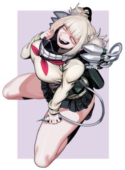 Rule 34 | 1girl, black boots, black skirt, blonde hair, blunt bangs, boku no hero academia, boots, canister, cardigan, commentary request, double bun, eyelashes, fang, from above, full body, hair bun, half-closed eyes, hand up, highres, holding, holding syringe, kneehighs, looking at viewer, looking up, messy hair, miniskirt, narrowed eyes, neckerchief, open mouth, pleated skirt, pouch, red neckerchief, school uniform, short hair, sidelocks, sido (slipknot), simple background, skirt, smile, socks, solo, squatting, syringe, toga himiko, tube, yellow eyes