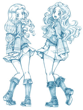 Rule 34 | 2girls, arms behind back, bbb (friskuser), bc freedom military uniform, blue theme, boots, commentary request, from behind, full body, girls und panzer, heel up, highres, interlocked fingers, isabe (girls und panzer), jacket, long hair, long sleeves, looking at viewer, looking back, military uniform, miniskirt, monochrome, multiple girls, open mouth, own hands together, parted bangs, pleated skirt, ringlets, skirt, smile, sofue (girls und panzer), standing, vest, wavy hair