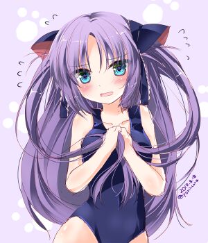 1girl 2018 alternate_costume asahina_yori bare_arms blue_eyes blue_one-piece_swimsuit blue_ribbon blush breasts collarbone commentary covered_navel cowboy_shot dated embarrassed eyes_visible_through_hair flying_sweatdrops hair_between_eyes hair_ribbon hands_up holding holding_own_hair lace lace-trimmed_ribbon lace_trim little_busters! long_hair looking_at_viewer medium_breasts one-hour_drawing_challenge one-piece_swimsuit open_mouth own_hands_together parted_bangs paw_print purple_background purple_hair ribbon sasasegawa_sasami school_swimsuit sidelocks simple_background sketch solo straight_hair swimsuit twitter_username two_side_up very_long_hair