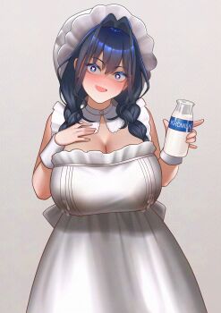 Rule 34 | 1girl, absurdres, adversarial noise, angry, apron, blue eyes, blue hair, blush, bottle, braid, breasts, cipher4109, dress, embroidered dress, embroidery, empire waist, fanged bangs, frilled hat, frills, hair intakes, hat, heart, heart-shaped pupils, high-waist dress, highres, holding, holding bottle, hololive, hololive english, lactation, lactation through clothes, large breasts, like and retweet, long hair, long sleeves, looking at viewer, low twin braids, maid, maid apron, milk, milk bottle, mob cap, official alternate costume, official alternate hairstyle, ouro kronii, ouro kronii (maid), puritan collar, smile, solo, symbol-shaped pupils, twin braids, twitter strip game, victorian maid, virtual youtuber, white apron