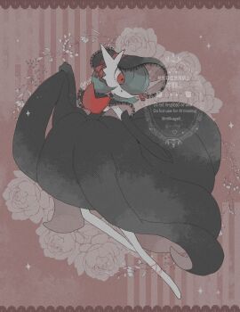 1girl alternate_color aqua_hair black_dress bob_cut bonnet clothes_lift colored_skin commentary_request dress flower frills full_body gardevoir gen_3_pokemon highres mega_gardevoir mega_pokemon miikagell nintendo open_mouth pink_eyes pokemon pokemon_(creature) ribbon rose shiny_pokemon skirt skirt_lift solo twitter_username white_skin