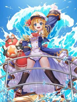 1girl :d arm_up ascot baizu_(guszx) bird black_jacket black_thighhighs blue_eyes blush boots breasts crossed_bangs detached_sleeves full_body gloves green_eyes hair_between_eyes hair_ornament hair_ribbon hand_on_own_hip hat highres hoshi_tanuki_(shironeko_project) index_finger_raised jacket kamome_narumi looking_at_viewer medium_breasts official_art open_clothes open_jacket open_mouth orange_hair pointing pointing_up red_ascot red_ribbon ribbon sailor seagull ship shironeko_project shirt short_hair shorts sleeveless sleeveless_shirt smile splatter standing star_(symbol) thighhighs thighs third-party_source v-shaped_eyebrows water watercraft white_boots white_gloves white_hat white_shorts wide_sleeves