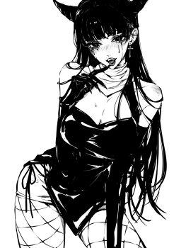 1girl bare_shoulders breasts bruise bruise_on_shoulder cleavage cowboy_shot cross cross-shaped_pupils cross_earrings crying crying_with_eyes_open earrings elbow_gloves fangs finger_to_mouth fishnet_thighhighs fishnets gloves greyscale hand_up highres horns injury jewelry large_breasts leotard long_hair looking_at_viewer monochrome open_mouth original simple_background smile solo symbol-shaped_pupils tears teeniika thighhighs vampire white_background wispy_bangs