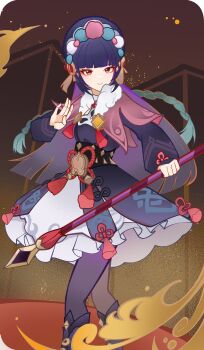 1girl absurdres black_hair blunt_bangs bonnet boots braid capelet chinese_commentary colored_inner_hair commentary_request dress eyeshadow full_body fur_trim genius_invokation_tcg_(style) genshin_impact highres holding holding_polearm holding_weapon knee_boots linjiedezhu lolita_fashion long_hair long_sleeves looking_at_viewer makeup multicolored_hair pantyhose pink_capelet polearm purple_hair purple_pantyhose red_eyes red_eyeshadow sidelocks solo twin_braids vision_(genshin_impact) weapon yun_jin_(genshin_impact)