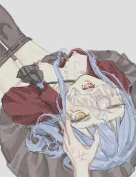 2girls bang_dream! bang_dream!_it's_mygo!!!!! black_pantyhose blue_hair breasts chibi clothes_pull commentary_request condom condom_on_face cum grey_background highres implied_futanari long_hair medium_breasts multiple_girls nipples oblivionis_(bang_dream!) one_eye_closed pantyhose pantyhose_pull red_shirt shirt sidelocks simple_background togawa_sakiko used_condom yellow_eyes yukikuma_(yukikuma_018)