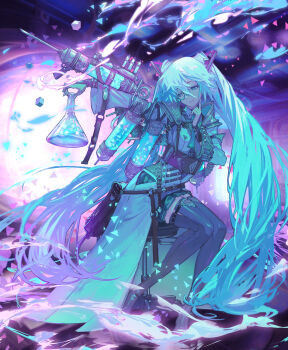1girl absurdres aqua_hair boots commentary_request erlenmeyer_flask flask hair_between_eyes hatsune_miku highres holding holding_flask kazama_raita large_syringe long_hair magic:_the_gathering monocle neon_palette official_art on_stool oversized_object sitting solo syringe thigh_boots twintails very_long_hair vocaloid